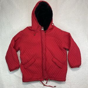Vintage Paris Sport Club Womens Red Quilted Jacket Winter Coat Fur Lined Hooded